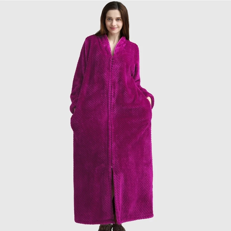 Теплый Свободный женский длинный халат на прочной молнии, зимний фланелевый женский халат, махровый толстый пушистый халат, пижамы для женщин Изображение 1