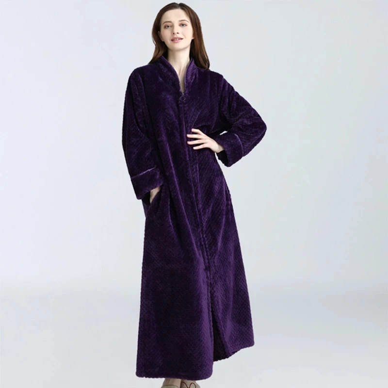 Теплый Свободный женский длинный халат на прочной молнии, зимний фланелевый женский халат, махровый толстый пушистый халат, пижамы для женщин Изображение 2