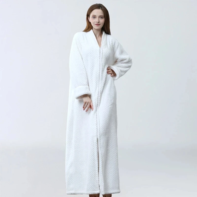 Теплый Свободный женский длинный халат на прочной молнии, зимний фланелевый женский халат, махровый толстый пушистый халат, пижамы для женщин Изображение 3