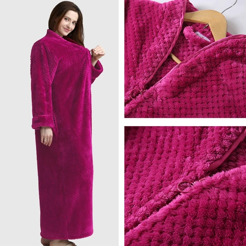 Теплый Свободный женский длинный халат на прочной молнии, зимний фланелевый женский халат, махровый толстый пушистый халат, пижамы для женщин Изображение 4