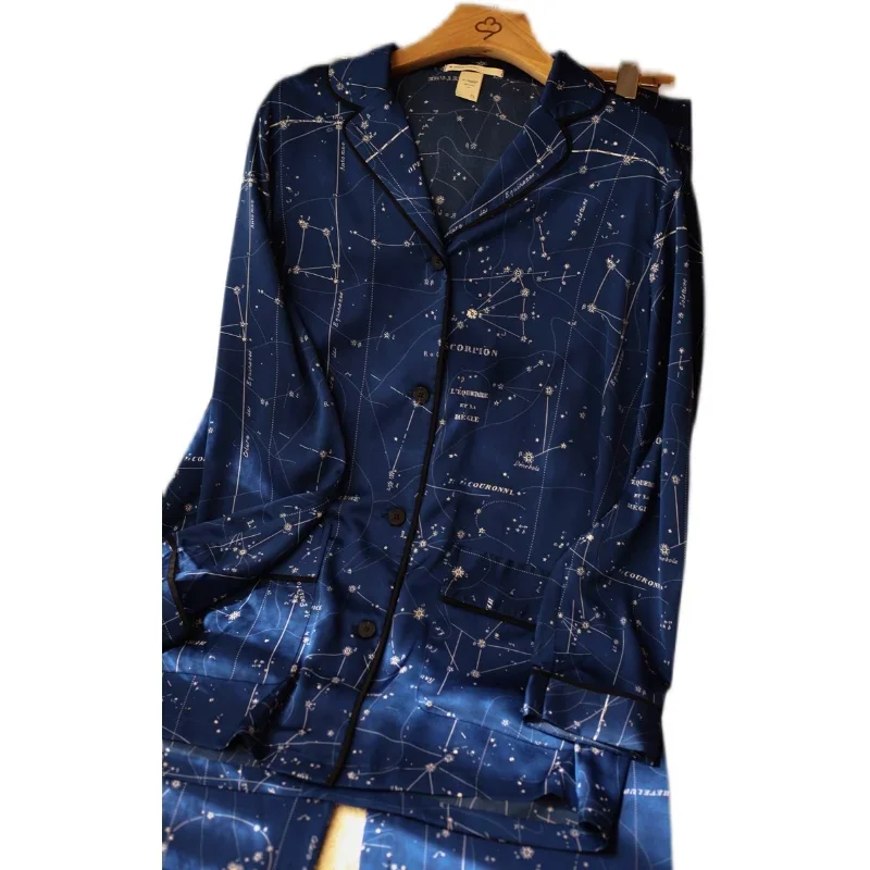 Новый комплект усовершенствованной шелковой пижамы для отдыха осенью и зимой с женскими брюками с длинными рукавами с принтом звезды Изображение 4