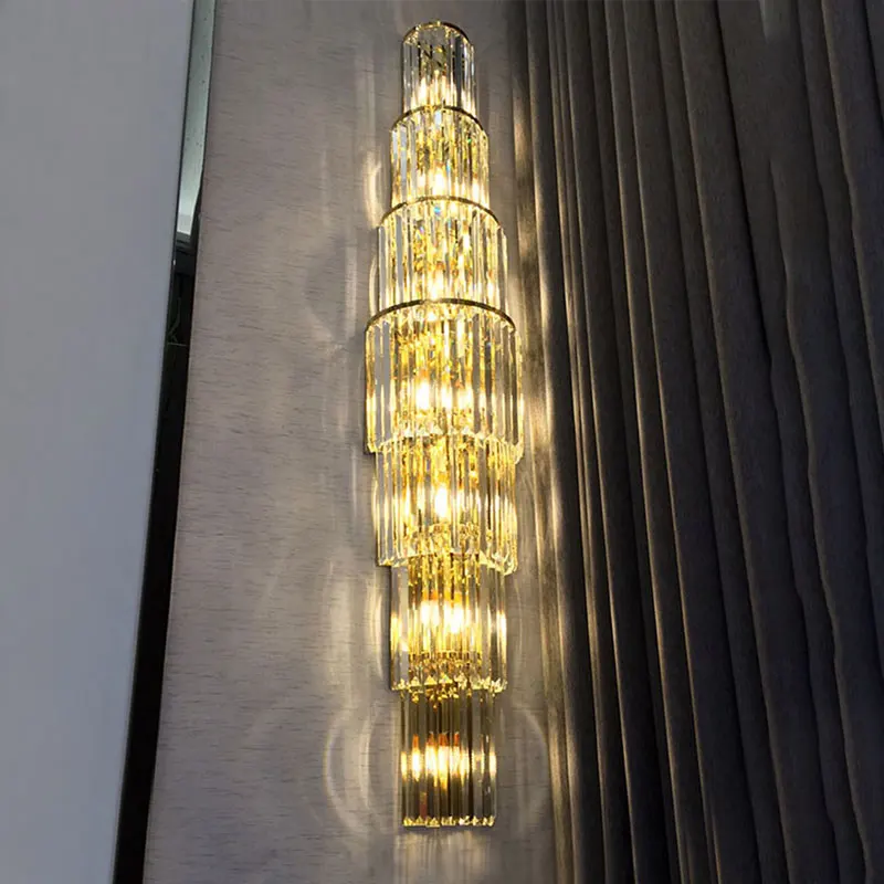 Роскошный хрустальный настенный светильник, подходящий для освещения, современная светодиодная креативная Золотая Двухуровневая лестничная лампа в помещении, Вилла, спальня, отель Изображение 3