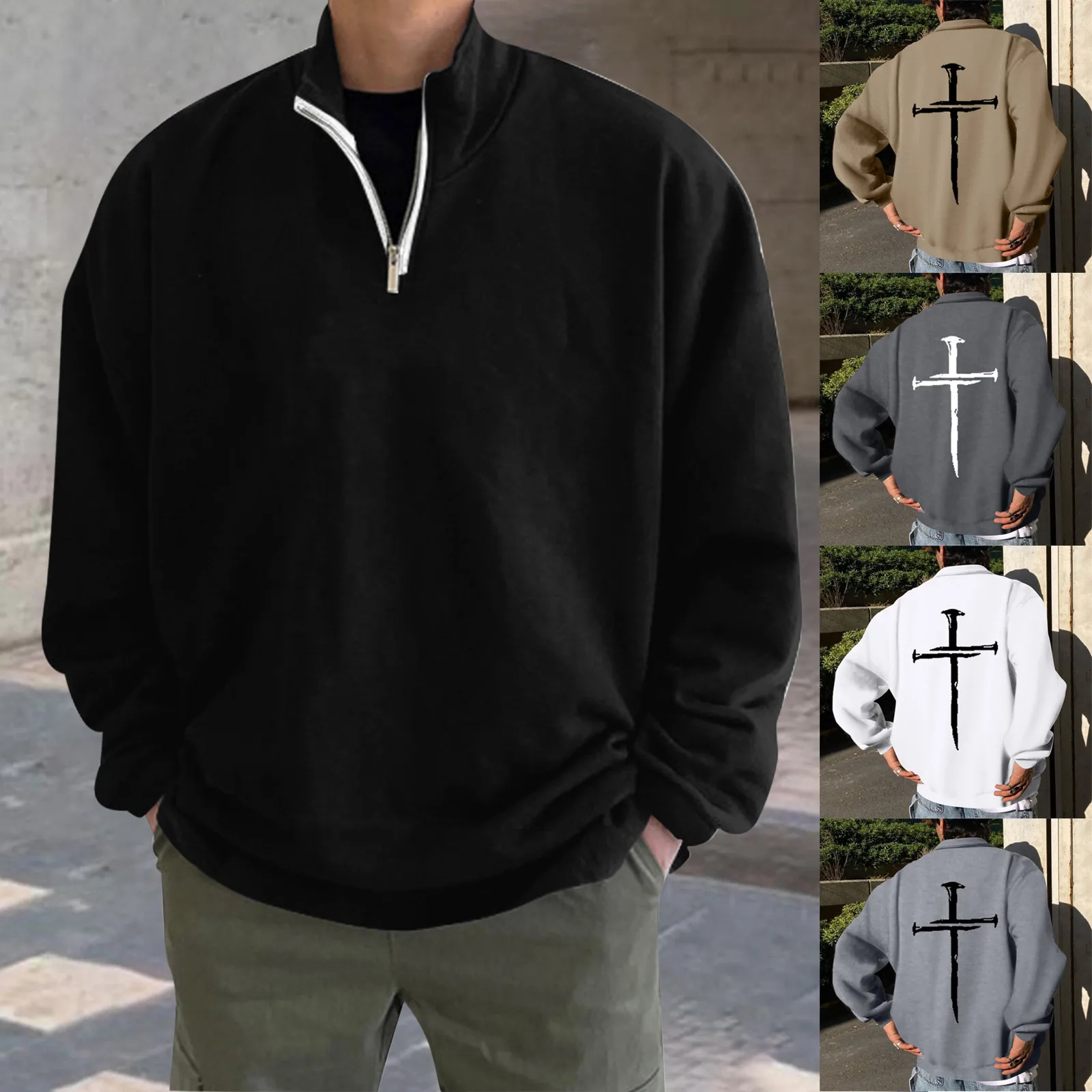 Мужская модная свободная толстовка большого размера на молнии, однотонный пуловер без воротника-стойки, осенне-зимний свитер, топ Изображение 2