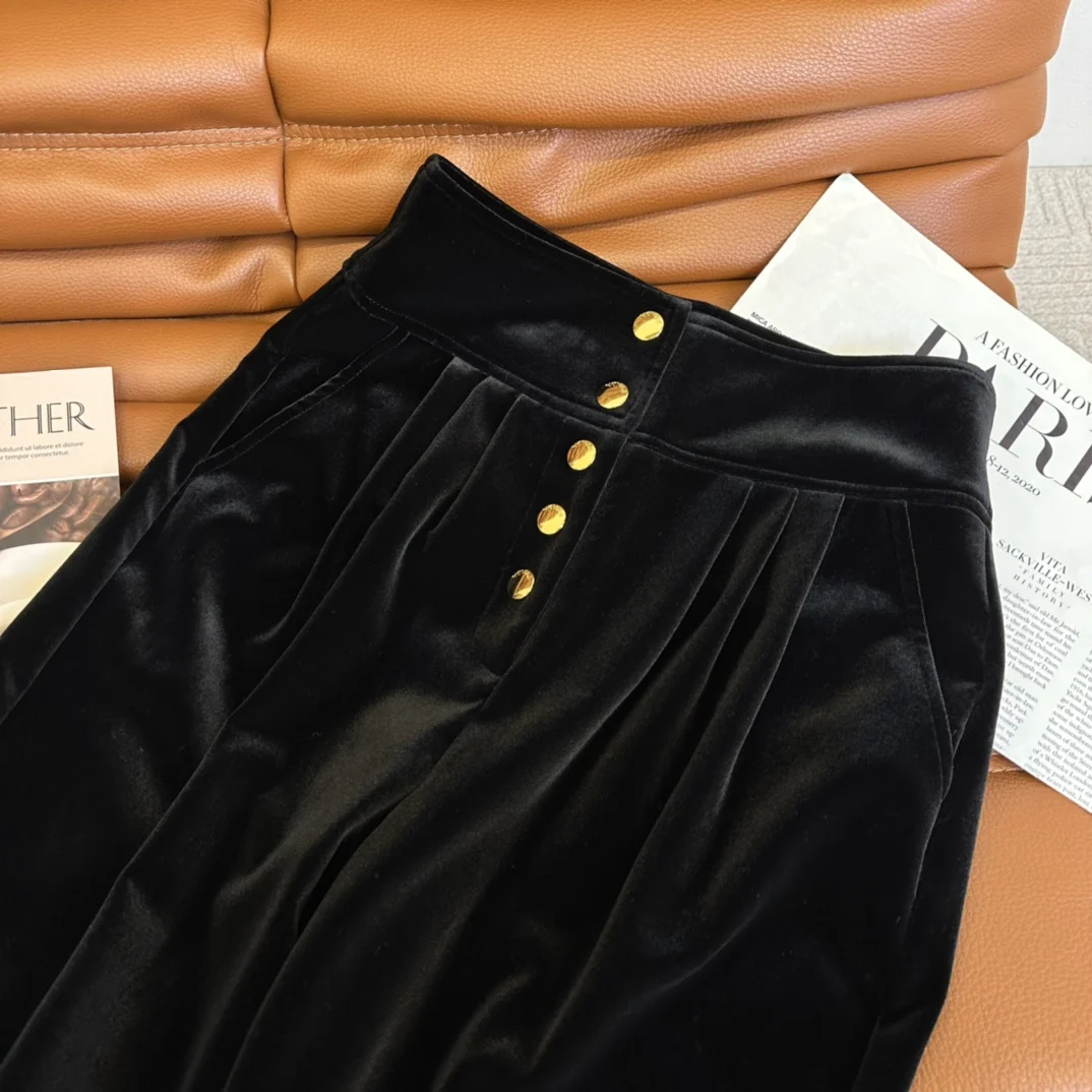 2023 Весенне-осенние Повседневные Новые женские Длинные брюки с высокой талией и золотыми пуговицами для женщин Gdnz 10.19 Изображение 4
