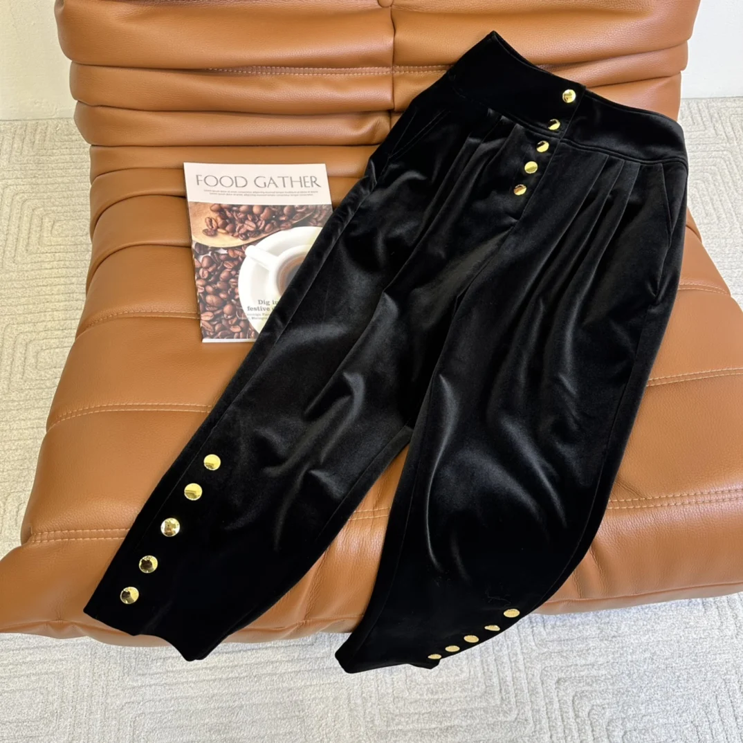 2023 Весенне-осенние Повседневные Новые женские Длинные брюки с высокой талией и золотыми пуговицами для женщин Gdnz 10.19 Изображение 5