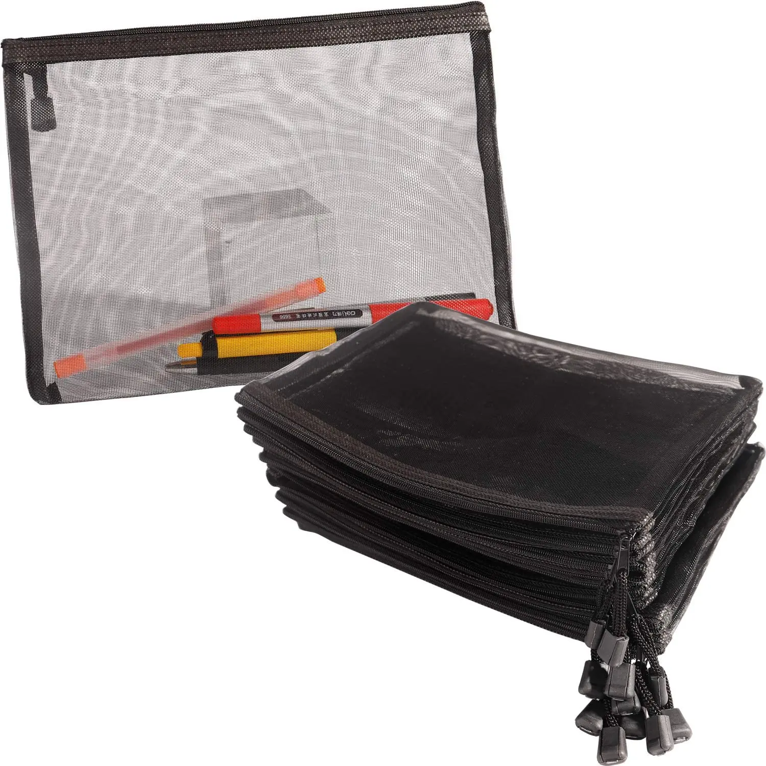 12 Штук сетчатых сумок, черная сетчатая сумка на молнии, косметички, сумки-органайзеры для косметических путешествий, пенал для карандашей Изображение 2