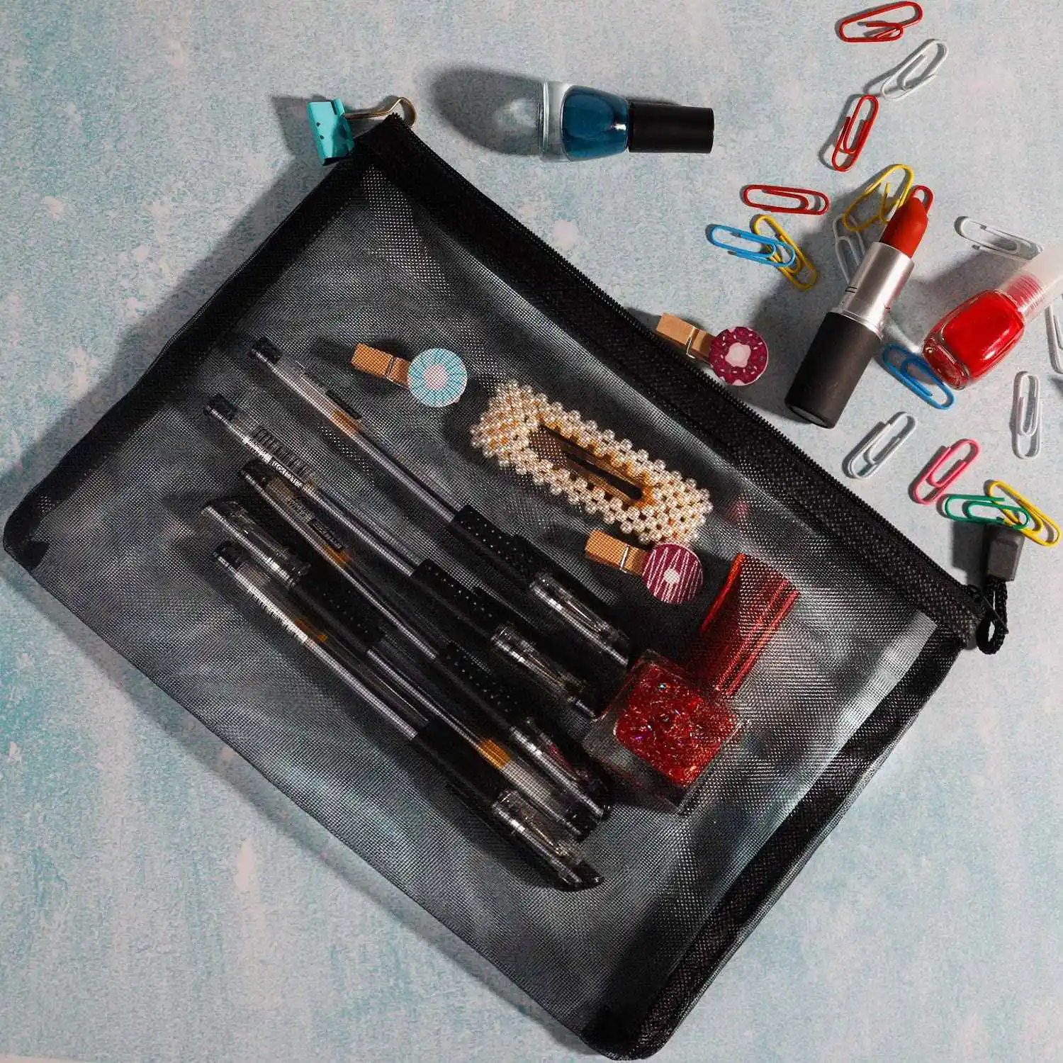 12 Штук сетчатых сумок, черная сетчатая сумка на молнии, косметички, сумки-органайзеры для косметических путешествий, пенал для карандашей Изображение 4