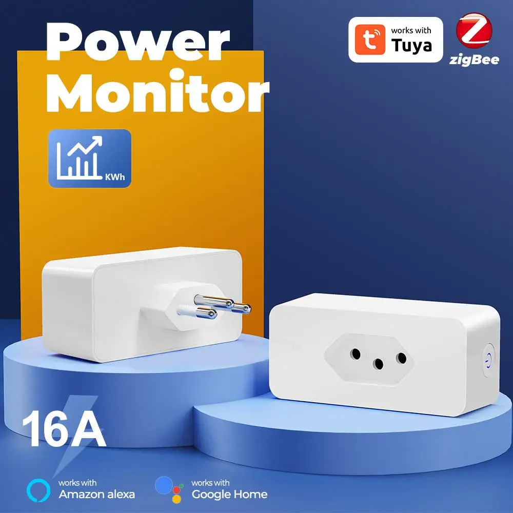 Tuya Smart Plug 16A Бразильский стандарт с энергетическим монитором Приложение Smart Life Удаленная Умная розетка Домашняя Alexa Voice Изображение 1