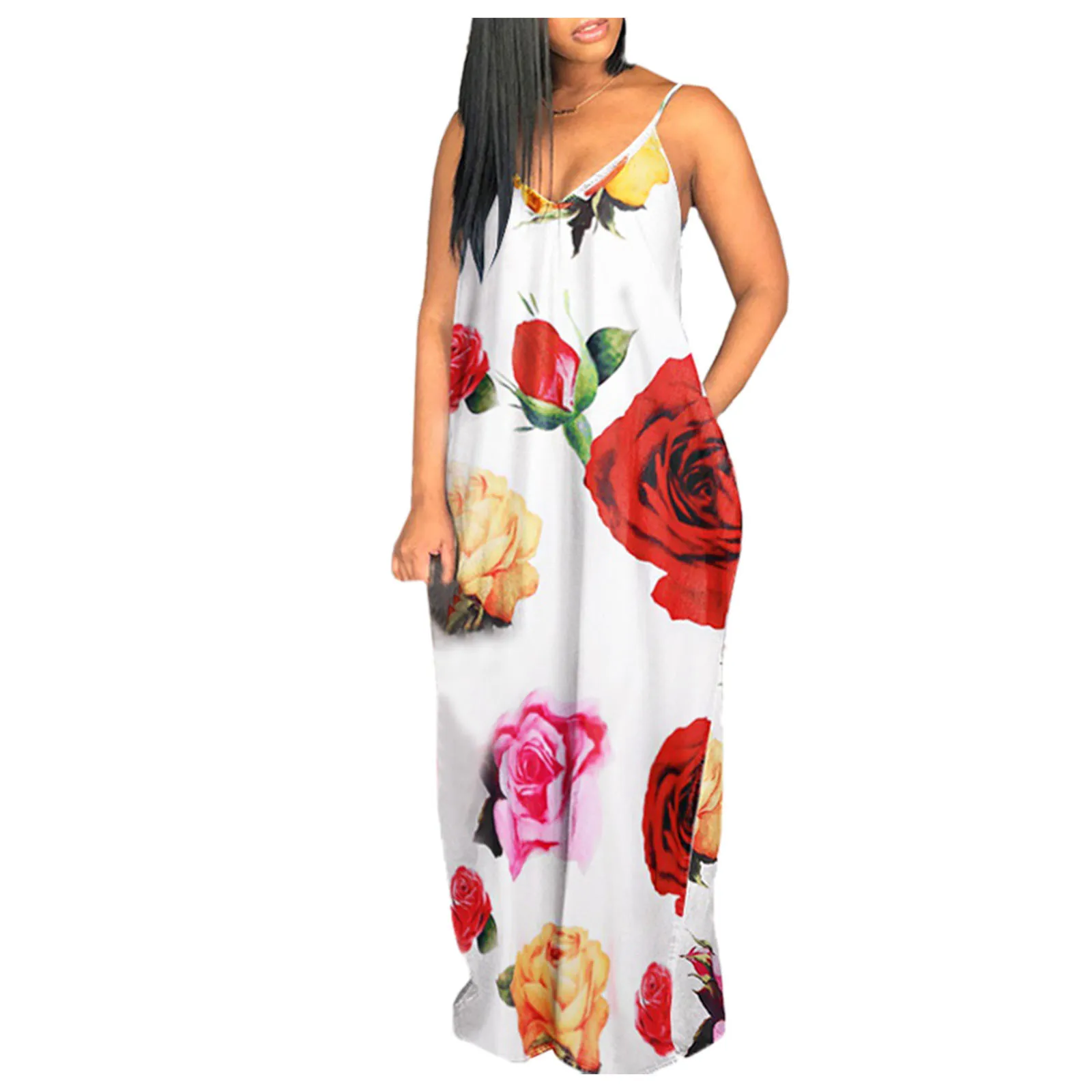 Летнее пляжное платье Макси с карманами, женские вечерние платья на бретелях без рукавов с V-образным вырезом и цветочным принтом, сарафан Robe Longue 2023 г. Изображение 1