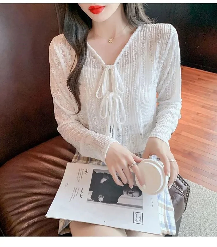 Корейский летний кардиган, Солнцезащитное Свободное пальто, Женская Повседневная Простая Модная Короткая рубашка с длинными рукавами, повседневный топ, Кардиганы для девочек Изображение 3