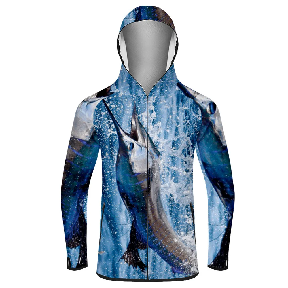 Изготовленные на заказ оптом Водонепроницаемые рыболовные рубашки с защитой от ультрафиолета, быстросохнущие мужские рыболовные рубашки с капюшоном и цифровой печатью, с длинным рукавом Изображение 2