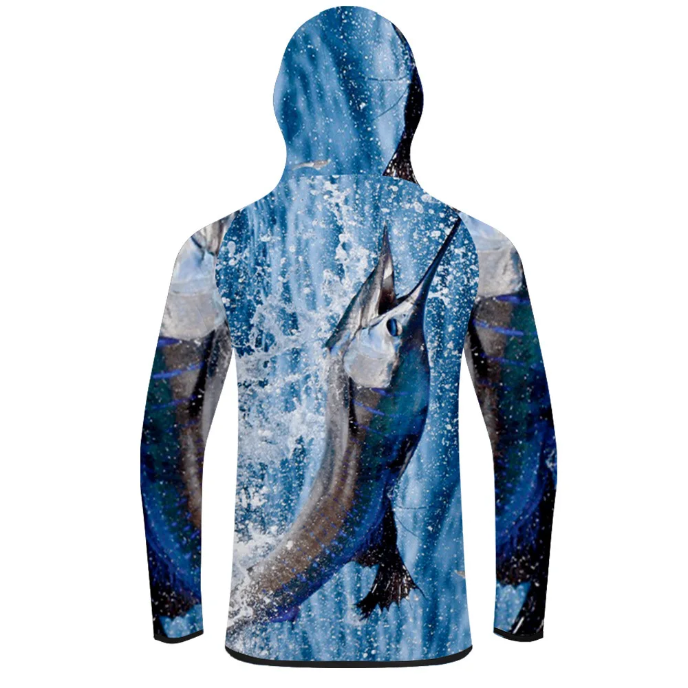 Изготовленные на заказ оптом Водонепроницаемые рыболовные рубашки с защитой от ультрафиолета, быстросохнущие мужские рыболовные рубашки с капюшоном и цифровой печатью, с длинным рукавом Изображение 3