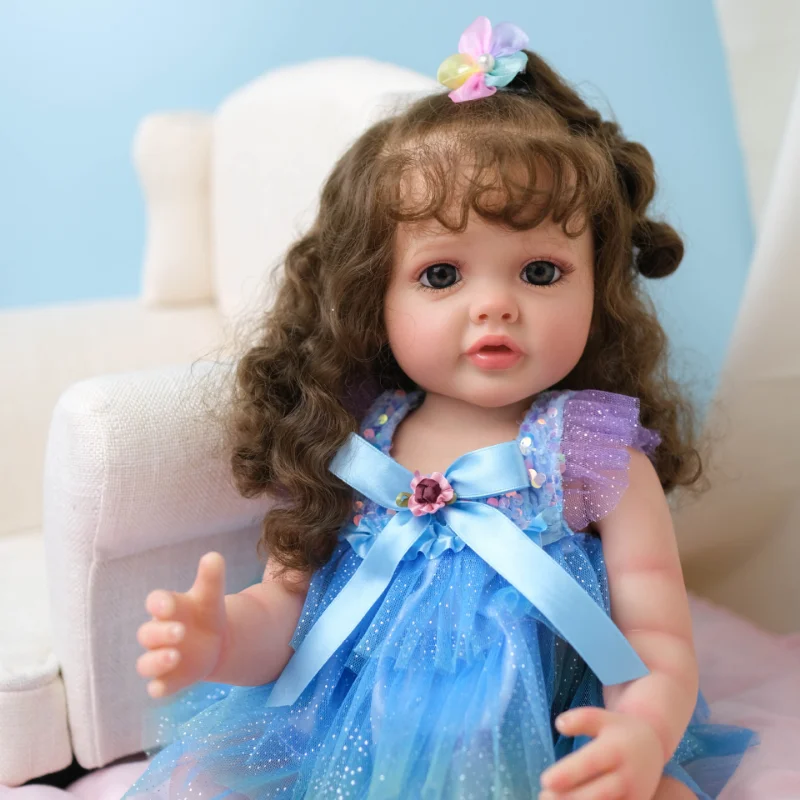 55 см Полностью силиконовые куклы-Реборн, реалистичная игрушка-Реборн, ручная роспись, имитация кукольных локонов, 3D глаза, подарок для девочки на день рождения Изображение 3