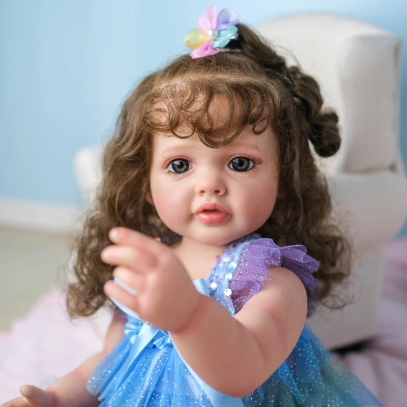 55 см Полностью силиконовые куклы-Реборн, реалистичная игрушка-Реборн, ручная роспись, имитация кукольных локонов, 3D глаза, подарок для девочки на день рождения Изображение 4