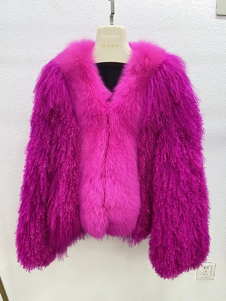 Горячая распродажа, Женская зимняя толстая теплая куртка из цельного пушистого длинного овечьего меха из цельного натурального лисьего меха, монгольская меховая куртка, пальто Изображение 1