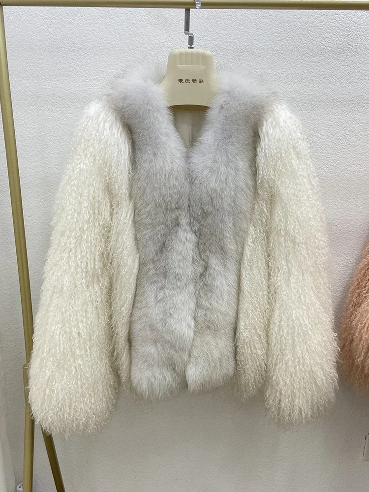 Горячая распродажа, Женская зимняя толстая теплая куртка из цельного пушистого длинного овечьего меха из цельного натурального лисьего меха, монгольская меховая куртка, пальто Изображение 2