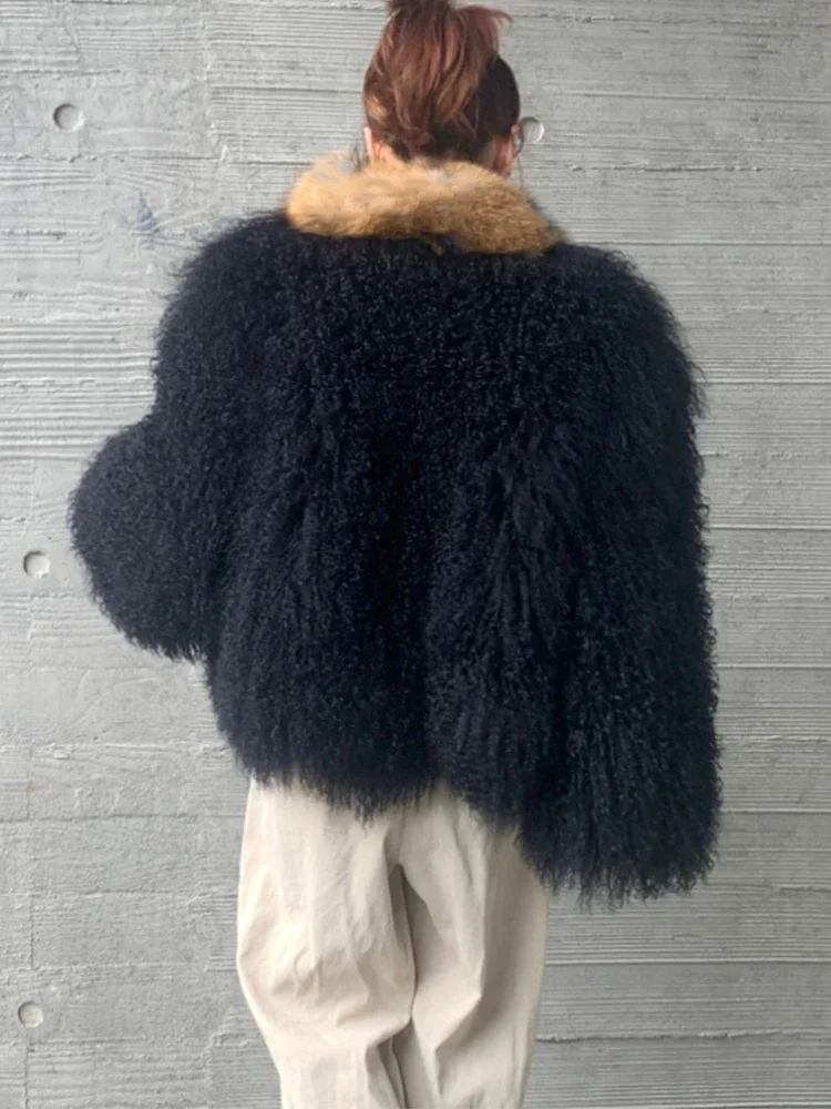 Горячая распродажа, Женская зимняя толстая теплая куртка из цельного пушистого длинного овечьего меха из цельного натурального лисьего меха, монгольская меховая куртка, пальто Изображение 5