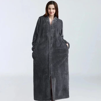 Теплый Свободный женский длинный халат на прочной молнии, зимний фланелевый женский халат, махровый толстый пушистый халат, пижамы для женщин 1