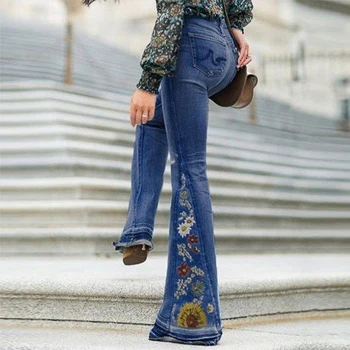 Вышитые женские джинсы 2023 New Mom, Элегантные Свободные повседневные джинсовые брюки-клеш в уличном стиле, плюс Размер, выстиранные синие женские брюки 1