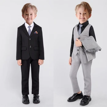Новое поступление, комплект вечернего костюма в полоску для мальчиков, смокинг для свадебной вечеринки, кольцо на предъявителя, 4 предмета, блейзер, брюки, жилет, включая галстук 1