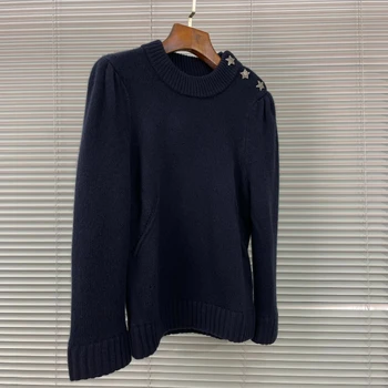 2023 Осенне-зимний Новый Однотонный пуловер с круглым вырезом, женский свитер с пуговицами в виде звездочек на плече 2