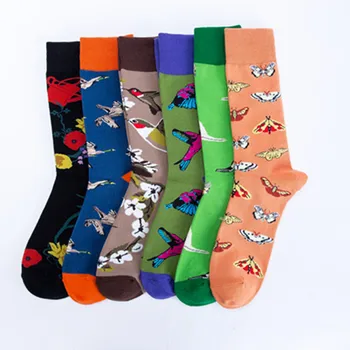 6 пар носков большого размера, осенние и зимние новые носки, хлопковые носки-тюбики с цветами, птицами и бабочками, оптовая продажа с фабрики 1