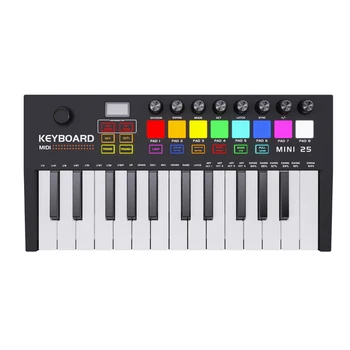 Контроллер MIDI-клавиатуры с 25 клавишами, 8 барабанных пэдов с подсветкой, 8 ручек, портативная Midi-клавиатура Type-C для создания музыки 1