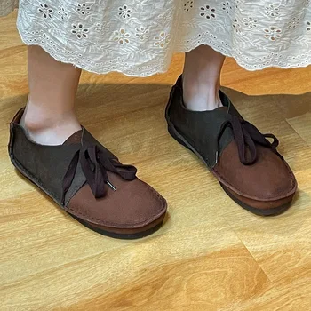 Демисезонная Женская обувь из натуральной кожи на шнуровке, Тонкие туфли на плоской подошве смешанных цветов, модные женские туфли на плоской подошве с круглым носком, 220917 2