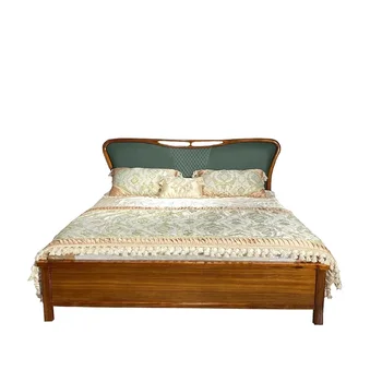 Ugyen Wood Простая современная кровать из массива дерева, Кожаная мебель для спальни с двуспальной кроватью для маленькой квартиры 1