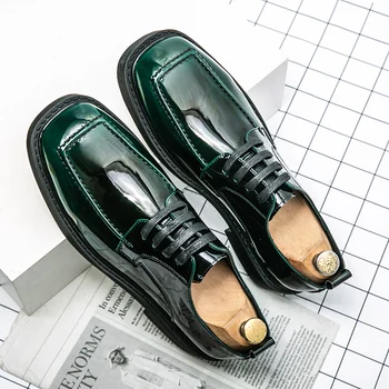 мужская модная обувь из лакированной кожи, брендовая дизайнерская обувь с квадратным носком, вечерние банкетные платья, дышащая зеленая обувь на платформе zapato 1