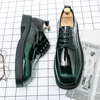 мужская модная обувь из лакированной кожи, брендовая дизайнерская обувь с квадратным носком, вечерние банкетные платья, дышащая зеленая обувь на платформе zapato 2