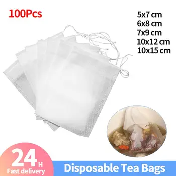 Одноразовые Чайные Пакетики 100 Шт Нетканые Тканевые Пакетики Для Заварки Чая со Шнурком Пакет Для Чайного Фильтра с Травами и Специями для Кухни Белый 1