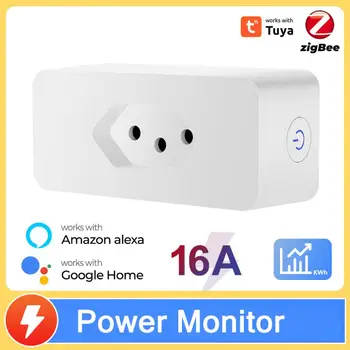 Tuya Smart Plug 16A Бразильский стандарт с энергетическим монитором Приложение Smart Life Удаленная Умная розетка Домашняя Alexa Voice 1