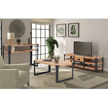 Мебель для гостиной из 3 предметов, 1 тумба для телевизора, 1 журнальный столик и 1 консольный столик из массива дерева Акация 2