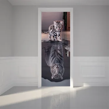 Кошка Тигр, Зеркальные обои, Наклейка 3D для двери, Виниловые Декоративные Аниамлы, Искусство DIY, Дверные Наклейки, Аксессуары для украшения дома, Современные 2