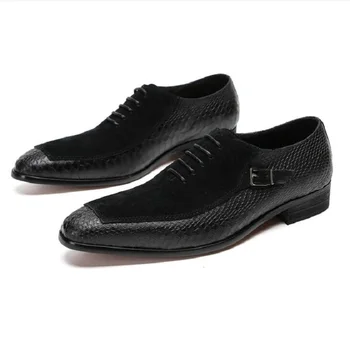Роскошные мужские туфли-оксфорды на шнуровке с острым носком, черные вечерние мужские модельные туфли, Замшевая кожаная обувь с крокодиловым принтом в стиле пэчворк для мужчин 1