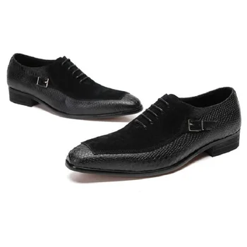 Роскошные мужские туфли-оксфорды на шнуровке с острым носком, черные вечерние мужские модельные туфли, Замшевая кожаная обувь с крокодиловым принтом в стиле пэчворк для мужчин 2