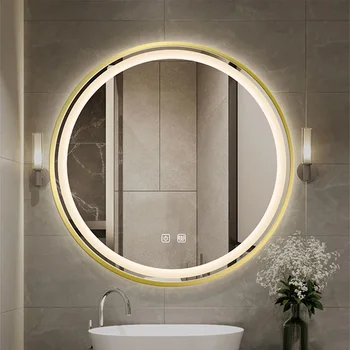 Runde Gold Rahmen Wand Montieren Bad Spiegel mit LED Licht Anti-Nebel Kosmetische Hintergrundbeleuchtung Touch 1