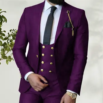 JELTONEWIN, итальянский бренд, деловые приталенные официальные мужские костюмы, Двубортный жилет, фиолетовый смокинг жениха для свадьбы, костюм из 3 предметов 1