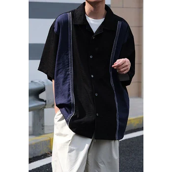 Летние винтажные мужские рубашки с коротким рукавом и V-образным вырезом, свободные, хитовый цвет, вышивка, принт, модная одежда Harajuku Оверсайз, черный 1