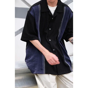 Летние винтажные мужские рубашки с коротким рукавом и V-образным вырезом, свободные, хитовый цвет, вышивка, принт, модная одежда Harajuku Оверсайз, черный 2