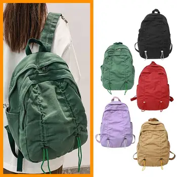Однотонный школьный рюкзак, легкие винтажные школьные сумки со складками на шнурках, многослойные с застежкой-молнией для пеших прогулок, путешествий, кемпинга 1