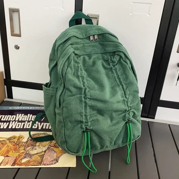 Однотонный школьный рюкзак, легкие винтажные школьные сумки со складками на шнурках, многослойные с застежкой-молнией для пеших прогулок, путешествий, кемпинга 2