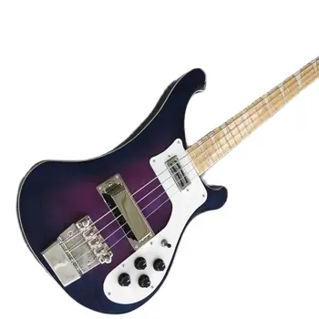 Электрическая бас-гитара фиолетового цвета с пламенным кленовым верхом, хромированная фурнитура на 22 лады, 4-струнный электрический бас, белая накладка 1