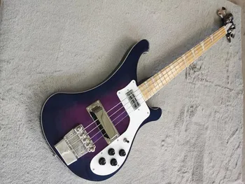 Электрическая бас-гитара фиолетового цвета с пламенным кленовым верхом, хромированная фурнитура на 22 лады, 4-струнный электрический бас, белая накладка 2