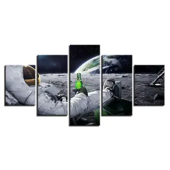 5 Штук Астронавт Пьет пиво Планета Холст Настенный Художественный плакат Фотографии Куадроса HD Картины для печати Декор комнаты Без рамок 5 Панелей