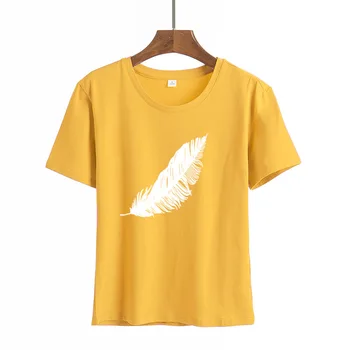 2021 Женская повседневная модная футболка Harajuku с принтом перьев, свободная футболка с круглым вырезом и коротким рукавом, эластичная растянутая летняя домашняя новая футболка 1