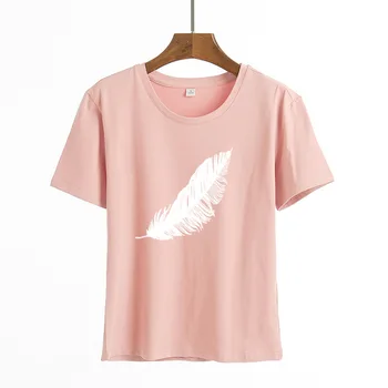 2021 Женская повседневная модная футболка Harajuku с принтом перьев, свободная футболка с круглым вырезом и коротким рукавом, эластичная растянутая летняя домашняя новая футболка 2