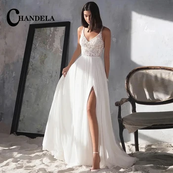 Свадебные платья CHANDELA из изящного шифона трапециевидной формы с боковым разрезом, аппликации с V-образным вырезом, Бретельки-спагетти на заказ, Vestido De Casamento 1