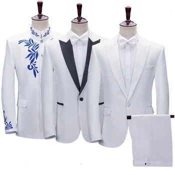 Строгий деловой мужской костюм с вышивкой от элитного бренда, белые свадебные костюмы со смокингом для жениха, брюки, куртка + брюки из двух предметов, индивидуальный размер 1